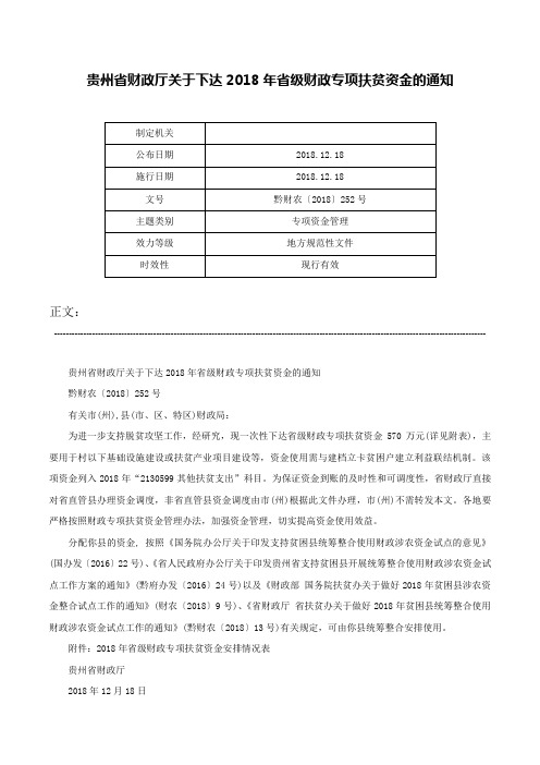 贵州省财政厅关于下达2018年省级财政专项扶贫资金的通知-黔财农〔2018〕252号