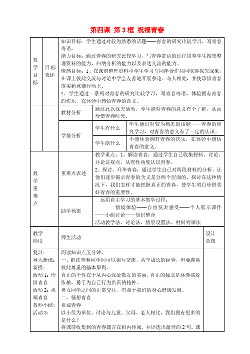 七年级政治上册第四课第3框祝福青春教案新人教版