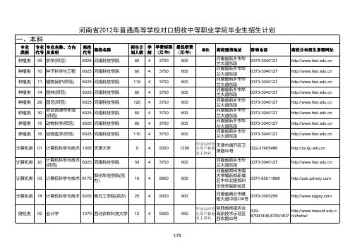 河南省2012年普招对口升学招生计划