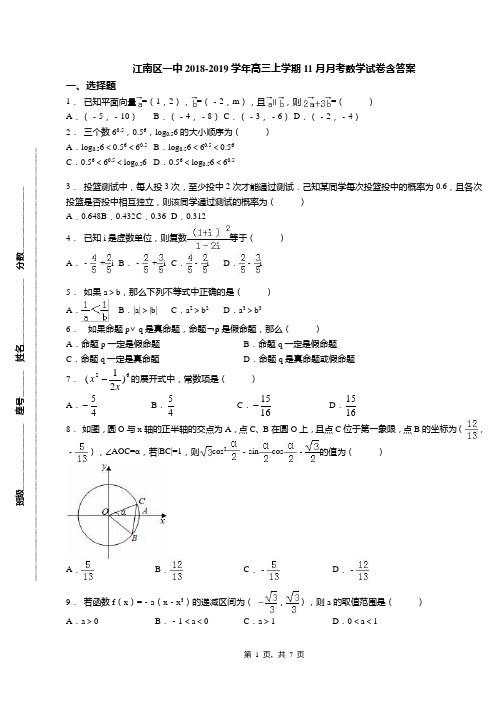 江南区一中2018-2019学年高三上学期11月月考数学试卷含答案