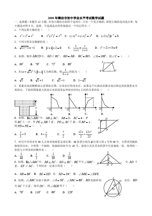 2008、2010年山东省潍坊市初中学业水平考试数学试题
