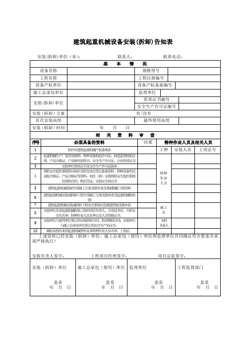 建筑起重机械设备安装(拆卸)告知表