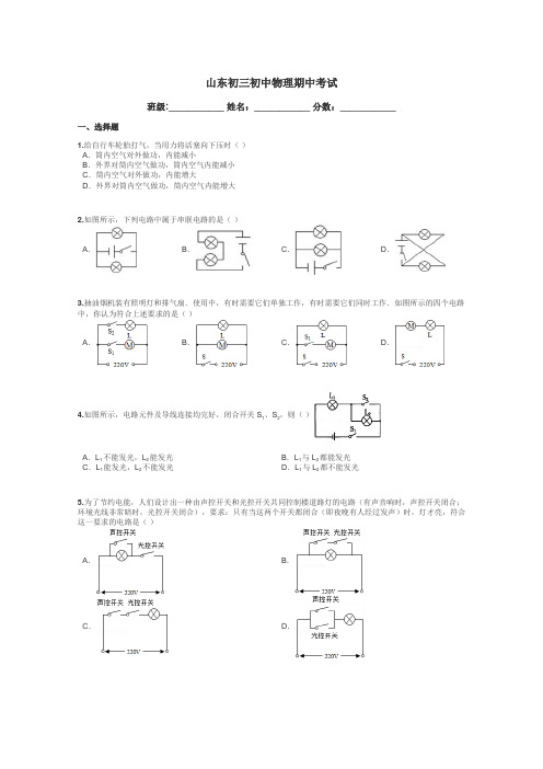 山东初三初中物理期中考试带答案解析
