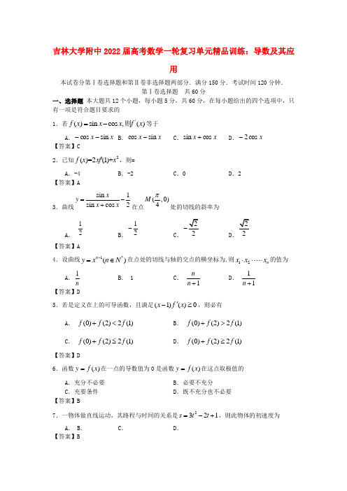 吉林省吉大附中2022届高考数学一轮复习 导数及其应用单元精品训练