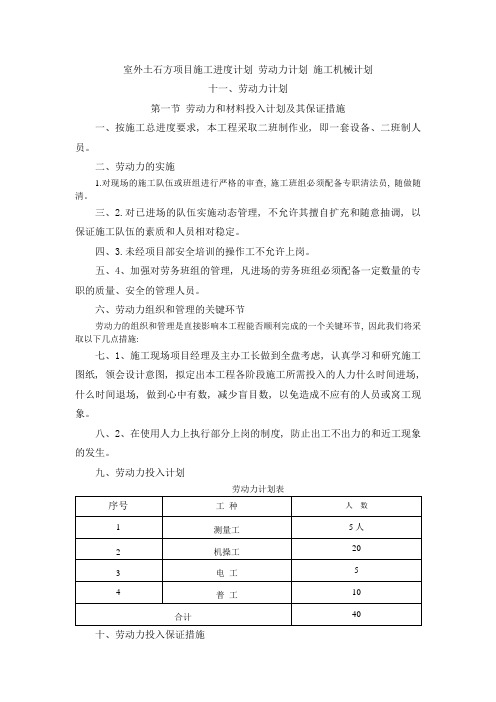 室外土石方项目施工进度计划 劳动力计划 施工机械计划