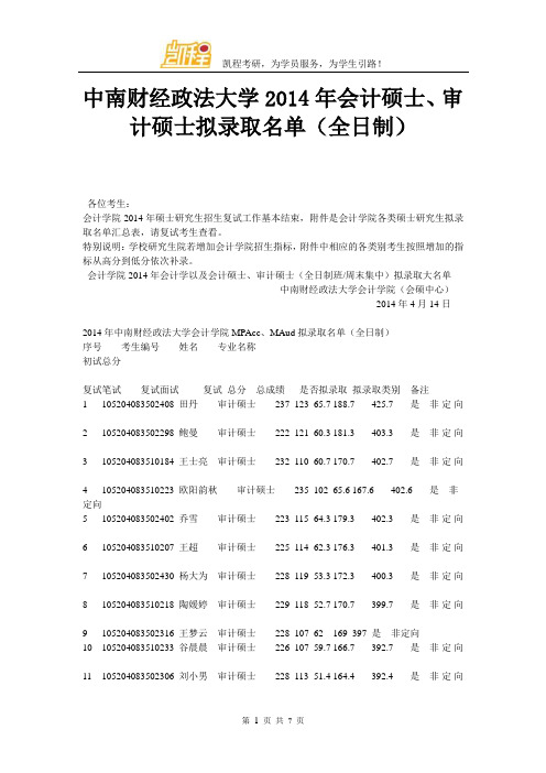 中南财经政法大学会计硕士、审计硕士拟录取名单(全日制)