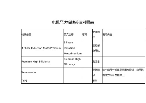 电机马达铭牌英汉对照表