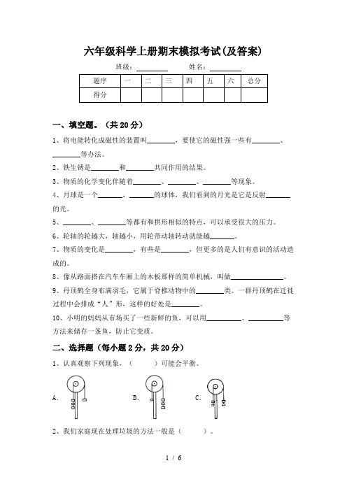 六年级科学上册期末模拟考试(及答案)