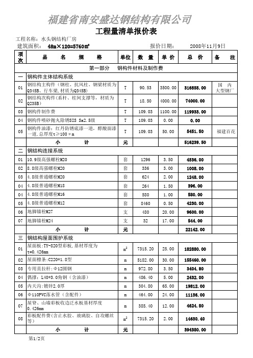 福建南安水头钢结构厂房报价单