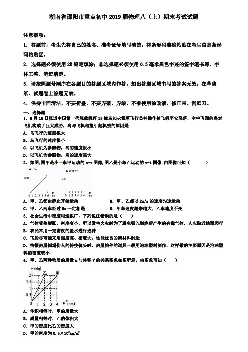 湖南省邵阳市重点初中2019届物理八(上)期末考试试题