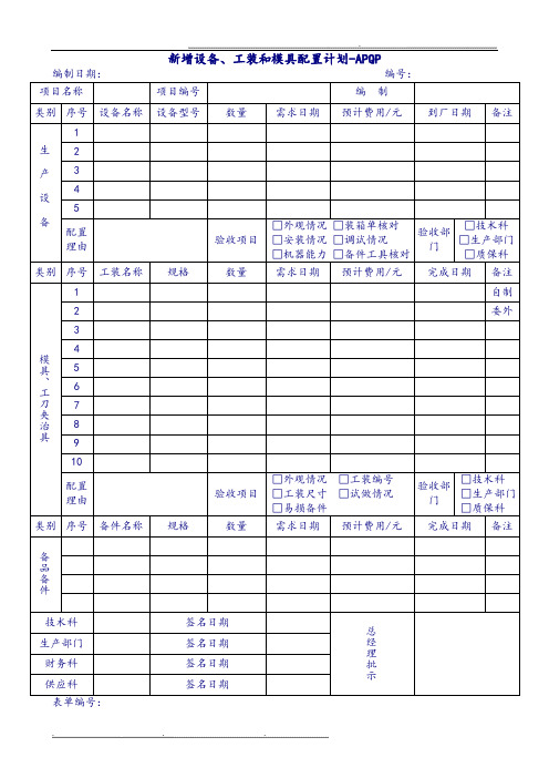 新增设备工装模具配置计划