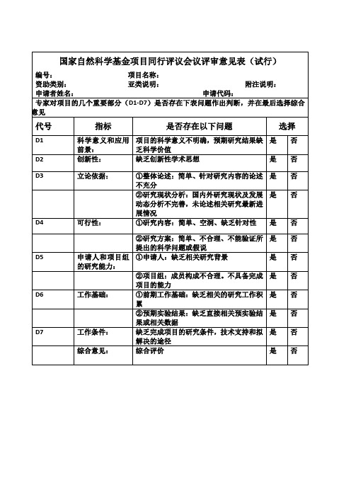 国家自然科学基金项目同行评议会议评审意见表(试行)