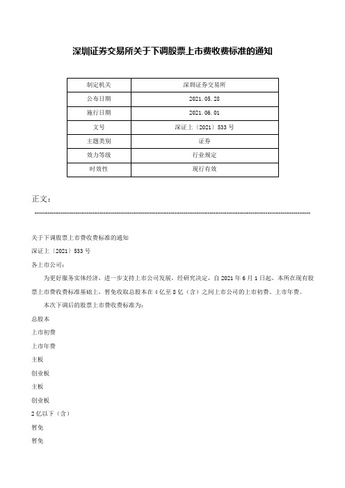 深圳证券交易所关于下调股票上市费收费标准的通知-深证上〔2021〕533号