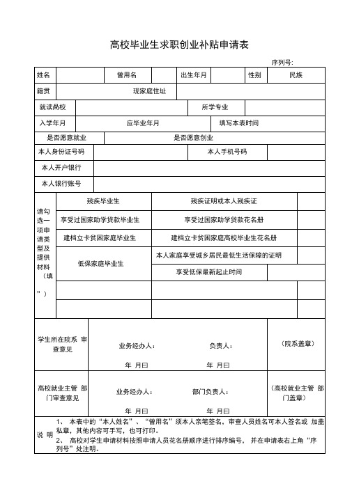 高校毕业生求职创业补贴申请表