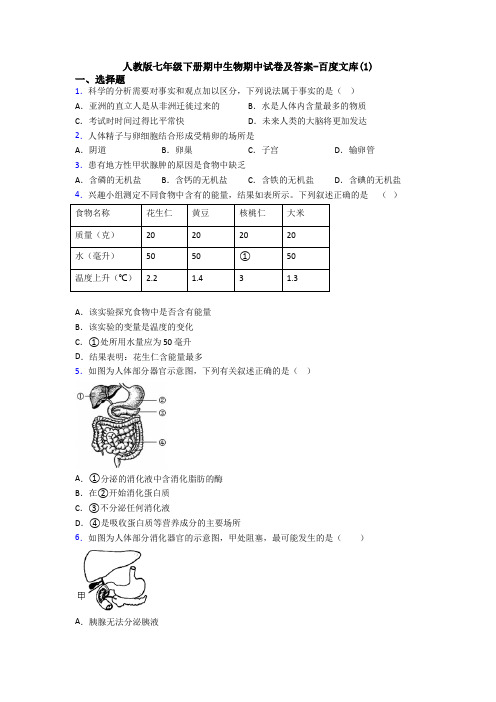 人教版七年级下册期中生物期中试卷及答案-百度文库(1)