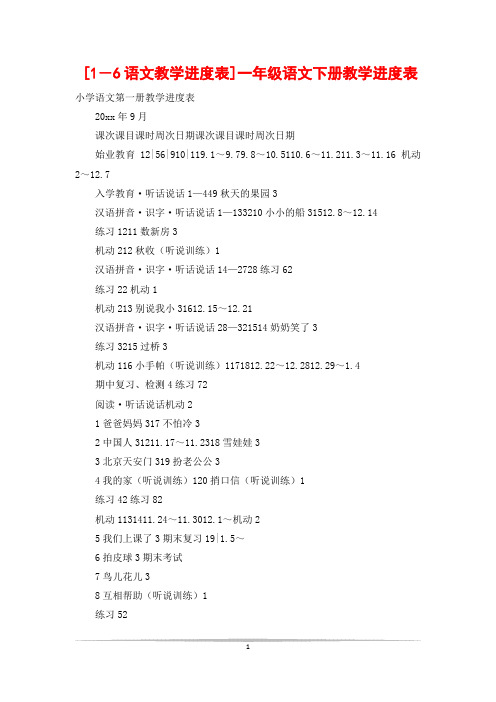 [1-6语文教学进度表]一年级语文下册教学进度表