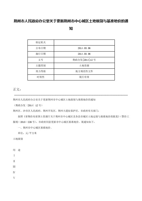 荆州市人民政府办公室关于更新荆州市中心城区土地级别与基准地价的通知-荆政办发[2014]12号