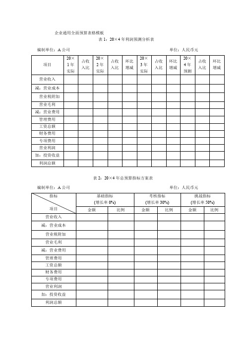 企业通用全面预算表格模板