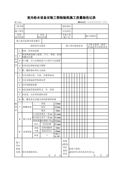 室内给水设备安装工程检验批施工质量验收记录