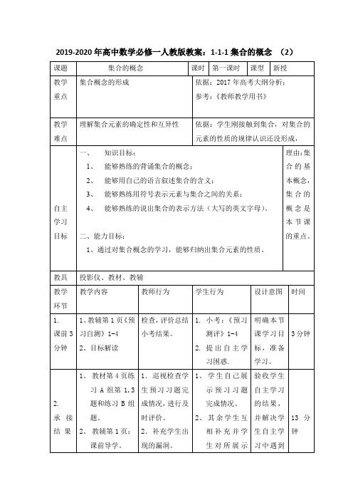 2019-2020年高中数学必修一人教版教案：1-1-1集合的概念 (2)