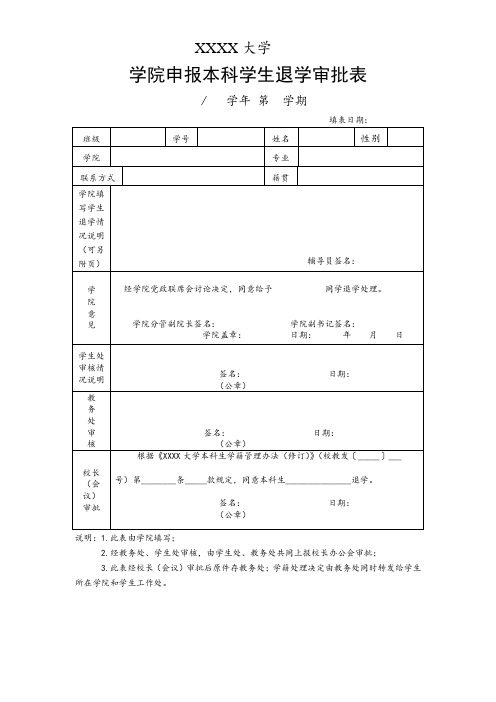 大学学院申报本科学生退学审批表模板