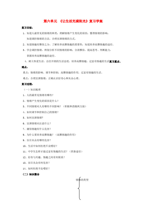 七年级政治下册 第六单元 《让生活充满阳光》复习学案 鲁教版