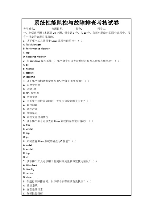 系统性能监控与故障排查考核试卷