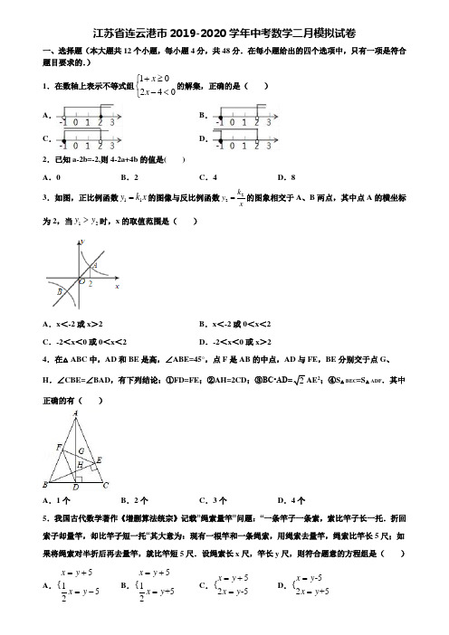 江苏省连云港市2019-2020学年中考数学二月模拟试卷含解析