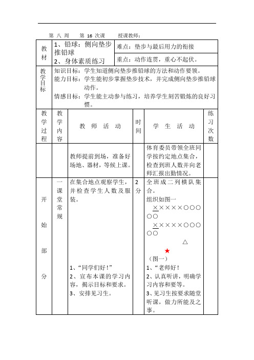 初中体育与健康九年级下册《铅球：侧向垫步推铅球身体素质练习》2课时表格式教案设计