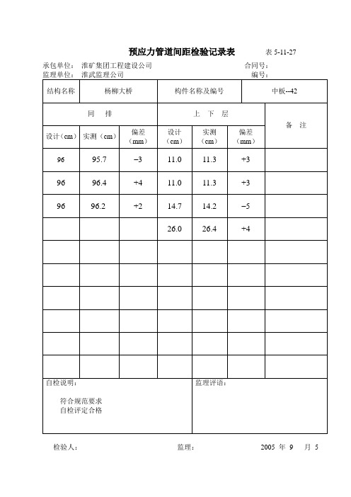 预应力管道间距检验记录表         表5