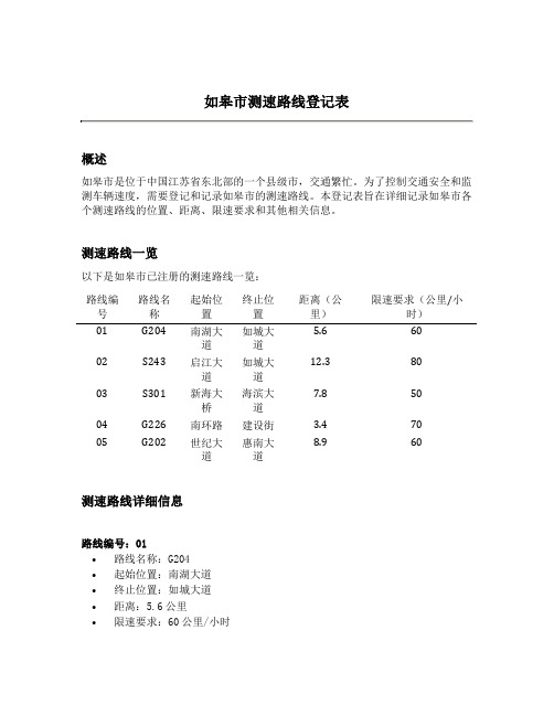 如皋市测速路线登记表