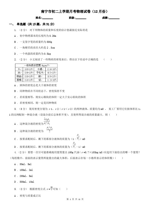 南宁市初二上学期月考物理试卷(12月份)