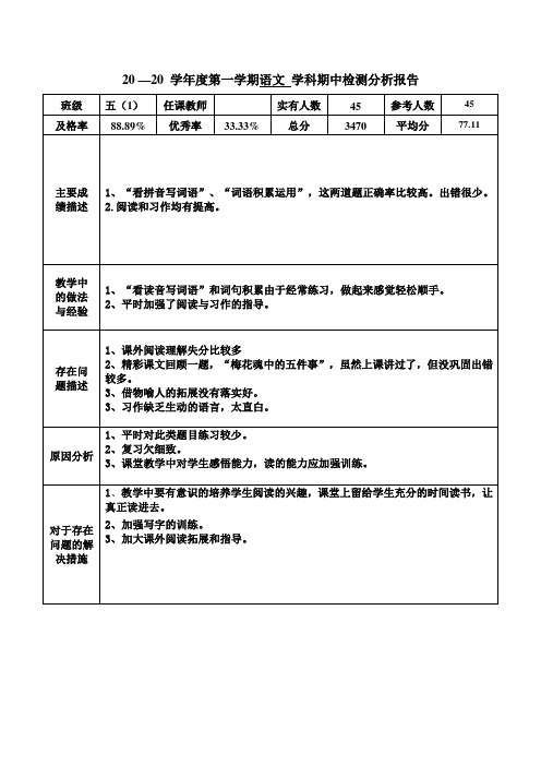 五年级上期中语文试卷分析