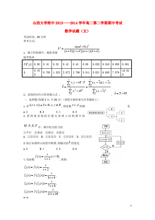 山西省山大附中高二数学下学期期中试题 文 新人教A版