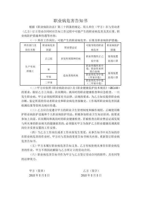 职业病危害告知书(焊锡)