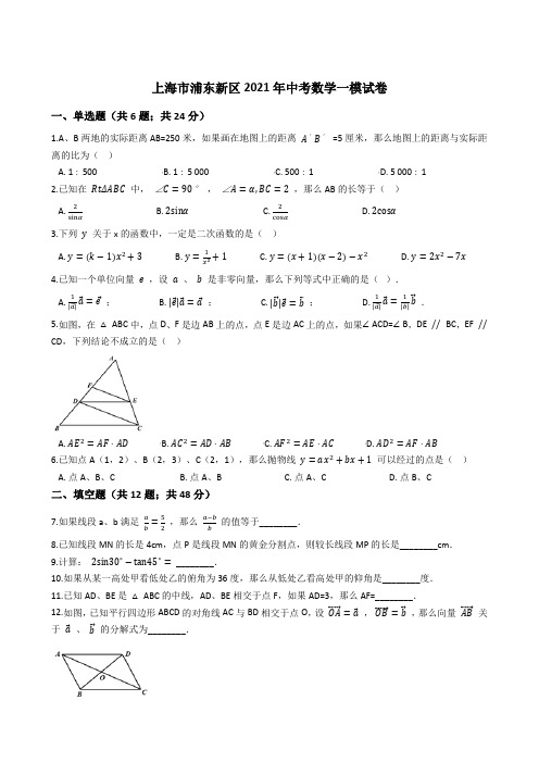 上海市浦东新区2021年中考数学一模试卷 (解析版)