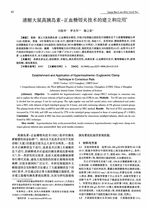 清醒大鼠高胰岛素一正血糖钳夹技术的建立和应用