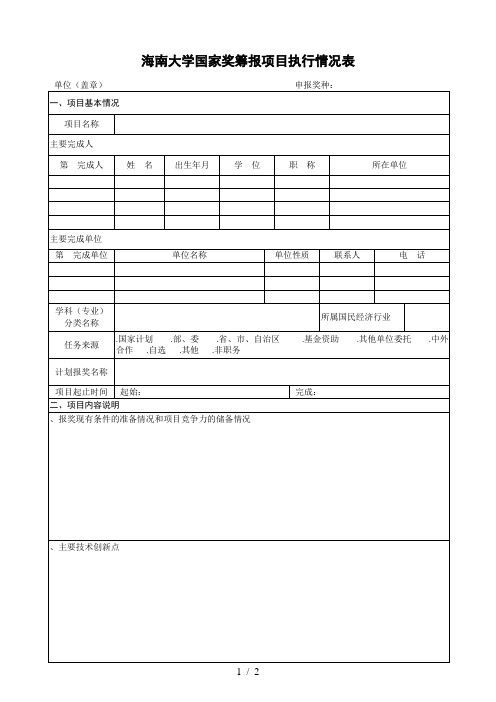 海南大学国家奖筹报项目执行情况表