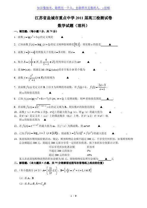 江苏省盐城市重点中学2011届高三检测试卷