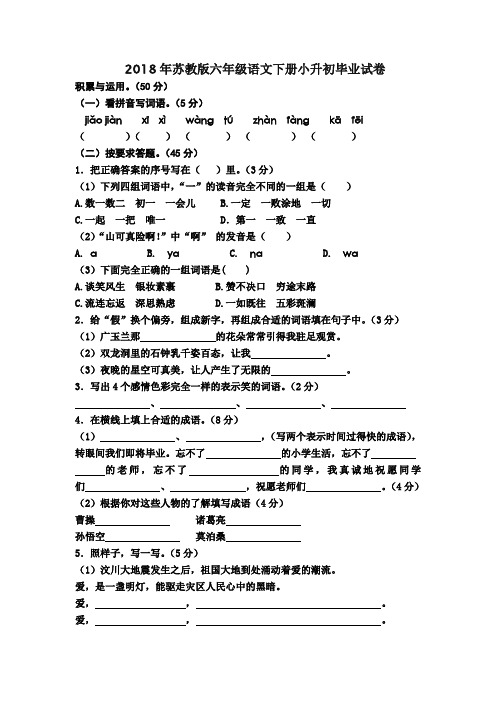 2018年苏教版六年级语文下册小升初毕业试卷