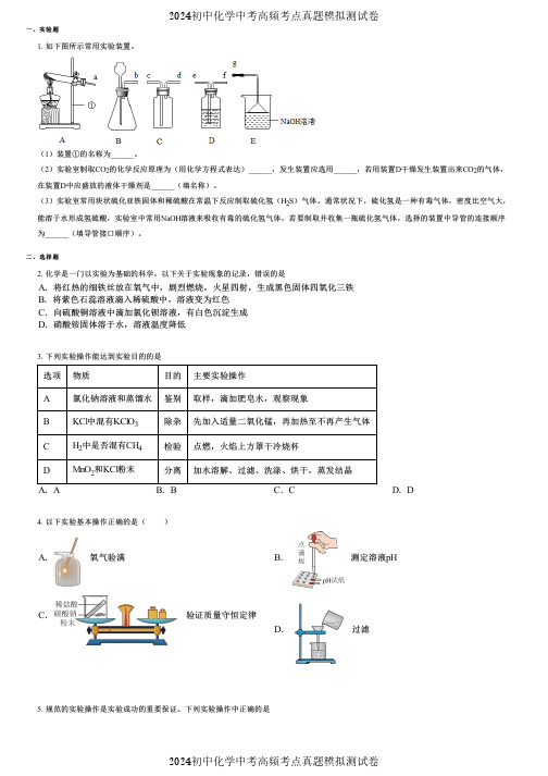 2024初中化学中考高频考点真题模拟测试卷 (3715)