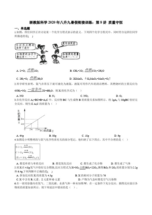 浙教版科学八升九暑假衔接训练：第8讲 质量守恒（含解析）