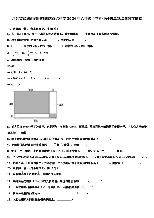 江苏省盐城市射阳县明达双语小学2024年六年级下学期小升初真题数学试卷含解析