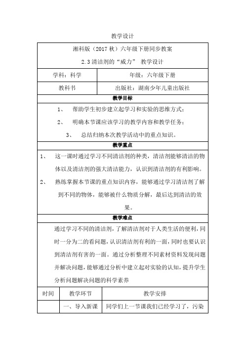 湘科版科学六年级下册《清洁剂的“威力”》第十三课时 教案