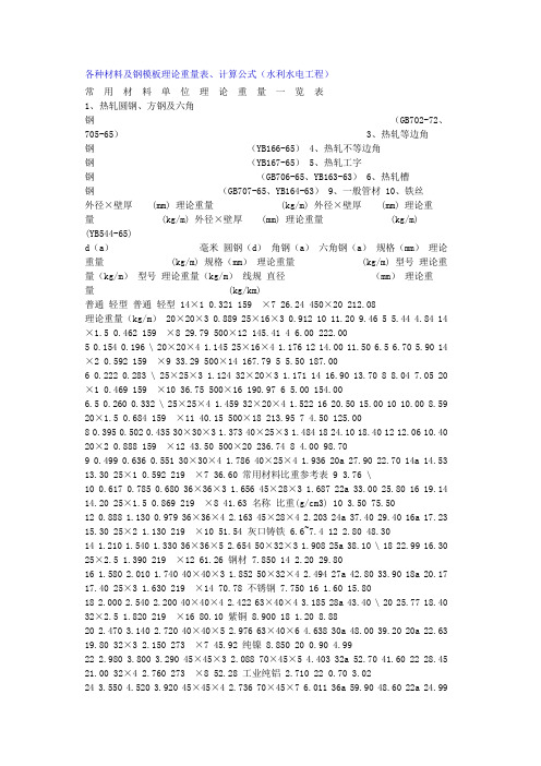 各种材料及钢模板理论重量表