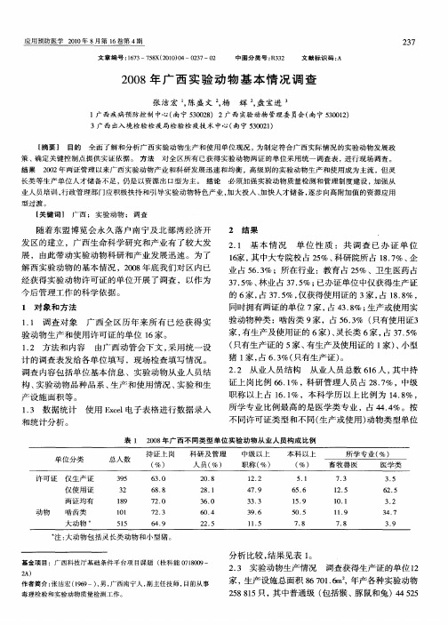 2008年广西实验动物基本情况调查