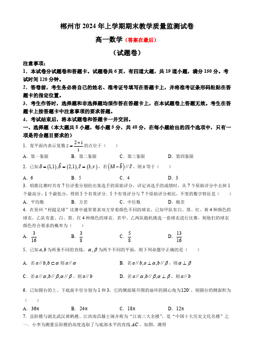 湖南省郴州市2023-2024学年高一下学期期末教学质量监测数学试卷含答案