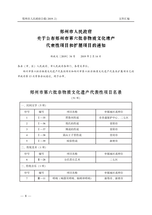 郑州市人民政府关于公布郑州市第六批非物质文化遗产代表性项目和