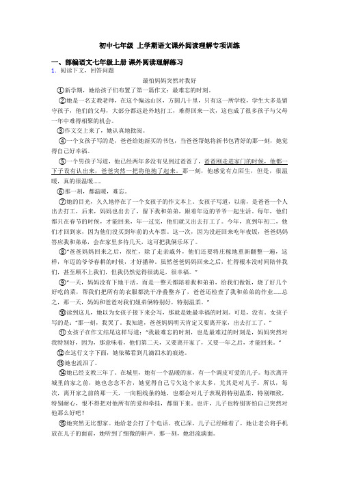 初中七年级 上学期语文课外阅读理解专项训练