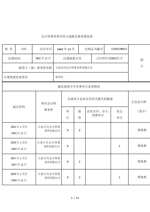 会计师事务所合伙人或股东基本情况表